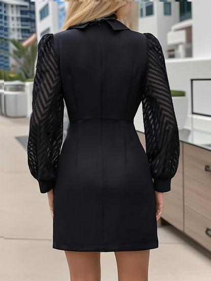Contrast Mesh Lapel Collar Waist Elegant Dress, Button Detail Lantern Long Sleeve Dress, Women's Clothing