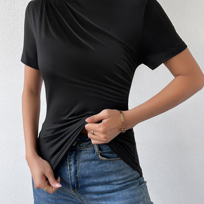 Solid Ruched Crew Neck T-Shirt, Casual Short Sleeve T-Shirt For Spring & Summer, Women's Clothing