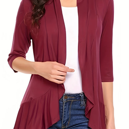 vlovelaw V-neck Loose Pleated Cardigans, Casual Frill Solid 3/4 Sleeve Spring Summer Fall Cardigan, Women's Clothing