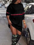 vlovelaw  Plus Size Sporty Sweatshirt Dress, Women's Plus Striped Long Sleeve Crew Neck Medium Stretch Sweatshirt Dress