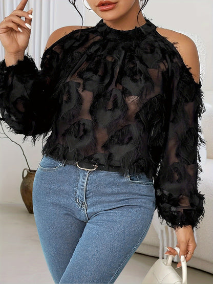 vlovelaw Plus Size Fringe Trim Top, Casual Cold Shoulder Long Sleeve Top, Women's Plus Size Clothing