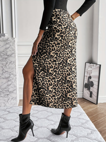 Leopard Print Split Hem Skirt, Casual High Waist Skirt, Women's Clothing