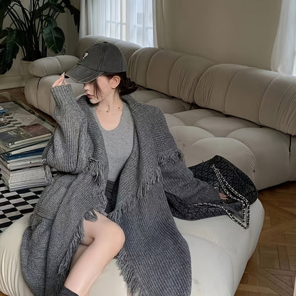 vlovelaw  vlovelaw  Fringe Trim Open Front Solid Cardigan, Long Sleeve Cardigan For Fall & Winter, Women's Clothing