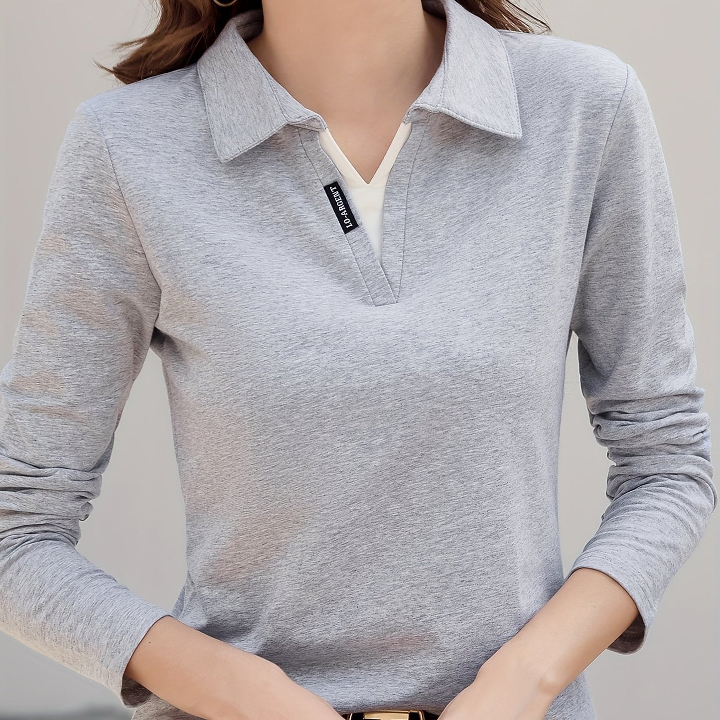vlovelaw  Contrast Trim Turn Down Collar T-Shirt, Casual Long Sleeve Knitting T-Shirt For Spring & Fall, Women's Clothing