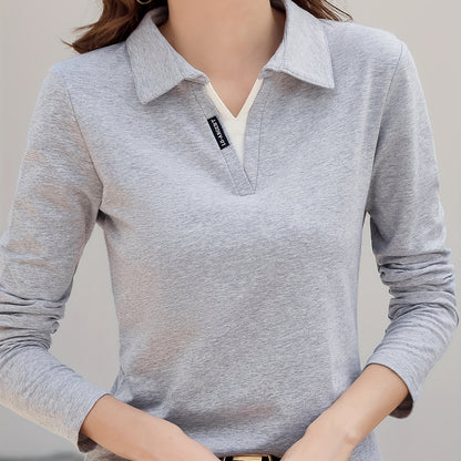 vlovelaw  Contrast Trim Turn Down Collar T-Shirt, Casual Long Sleeve Knitting T-Shirt For Spring & Fall, Women's Clothing