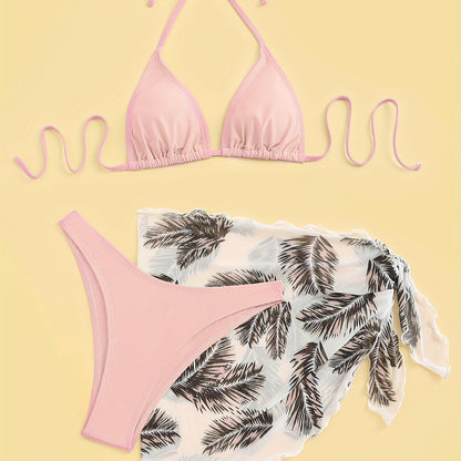 Three-Piece Bikini Set - Flattering Halter Neck Design, Ultra Quick-Drying Technology, Comfortable Four-Way Stretch Fabric - Designed for Women, Vibrant Feather Print Pattern, Matching Cover Up Skirt, Perfect for Beachwear and Poolside Fashion