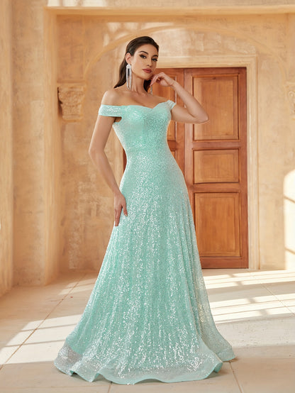 vlovelaw  Off Shoulder Sequined Dress, Elegant Sleeveless Bodycon Dress For Party & Banquet, Women's Clothing