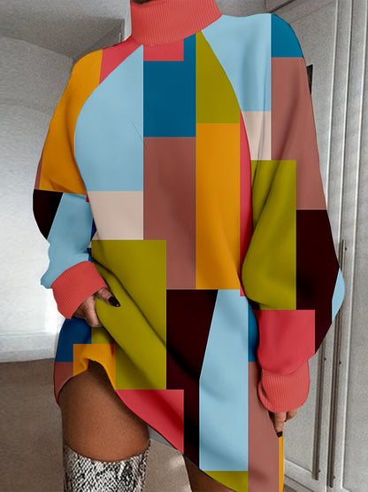 Patchwork Color Block Dress, Casual High Neck Long Sleeve Mini Dress, Women's Clothing