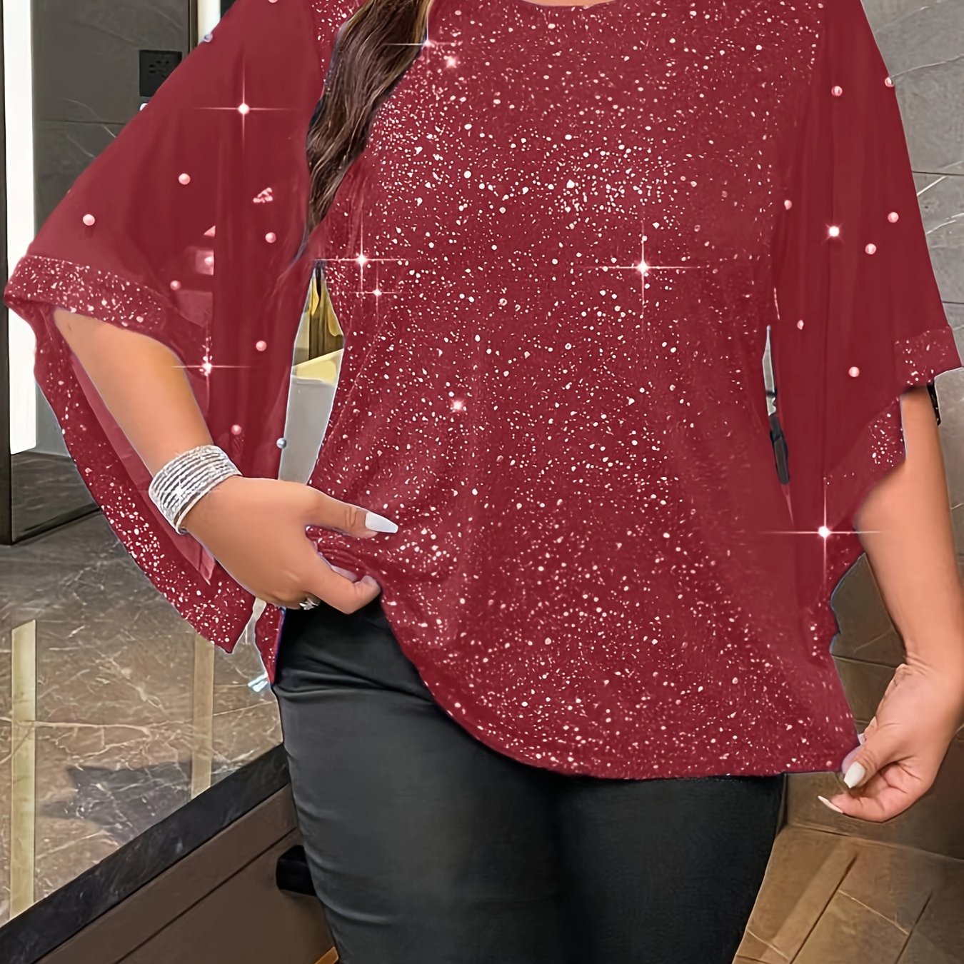 vlovelaw  Plus Size Irregular Sleeve Top, Casual Crew Neck Top For Spring & Summer, Women's Plus Size Clothing