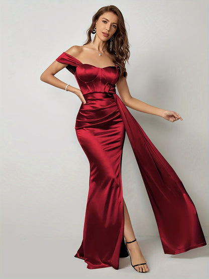 vlovelaw Split Thigh Off Shoulder Dress, Elegant Solid Party Wear Maxi Dress, Women's Clothing
