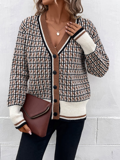 Plaid Pattern Button Knit Cardigan, Vintage V Neck Long Sleeve Sweater, Women's Clothing