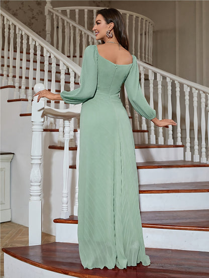 vlovelaw  Solid V Neck Dress, Elegant Long Sleeve Pleated Dress For Spring & Fall, Women's Clothing