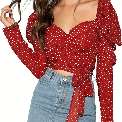 vlovelaw Polka Dot Print Cross V Neck Crop T-Shirt, Sexy Tie Front Long Puff Sleeve T-Shirt For Spring & Fall, Women's Clothing