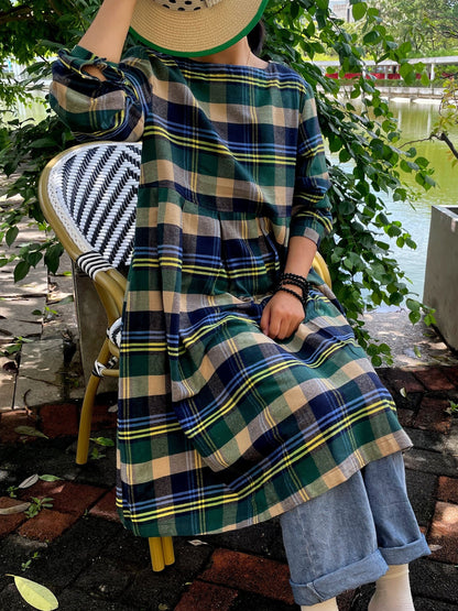 vlovelaw Plaid Print Loose Dress, Random Print Long Sleeve Casual Dress For Fall & Spring, Women's Clothing