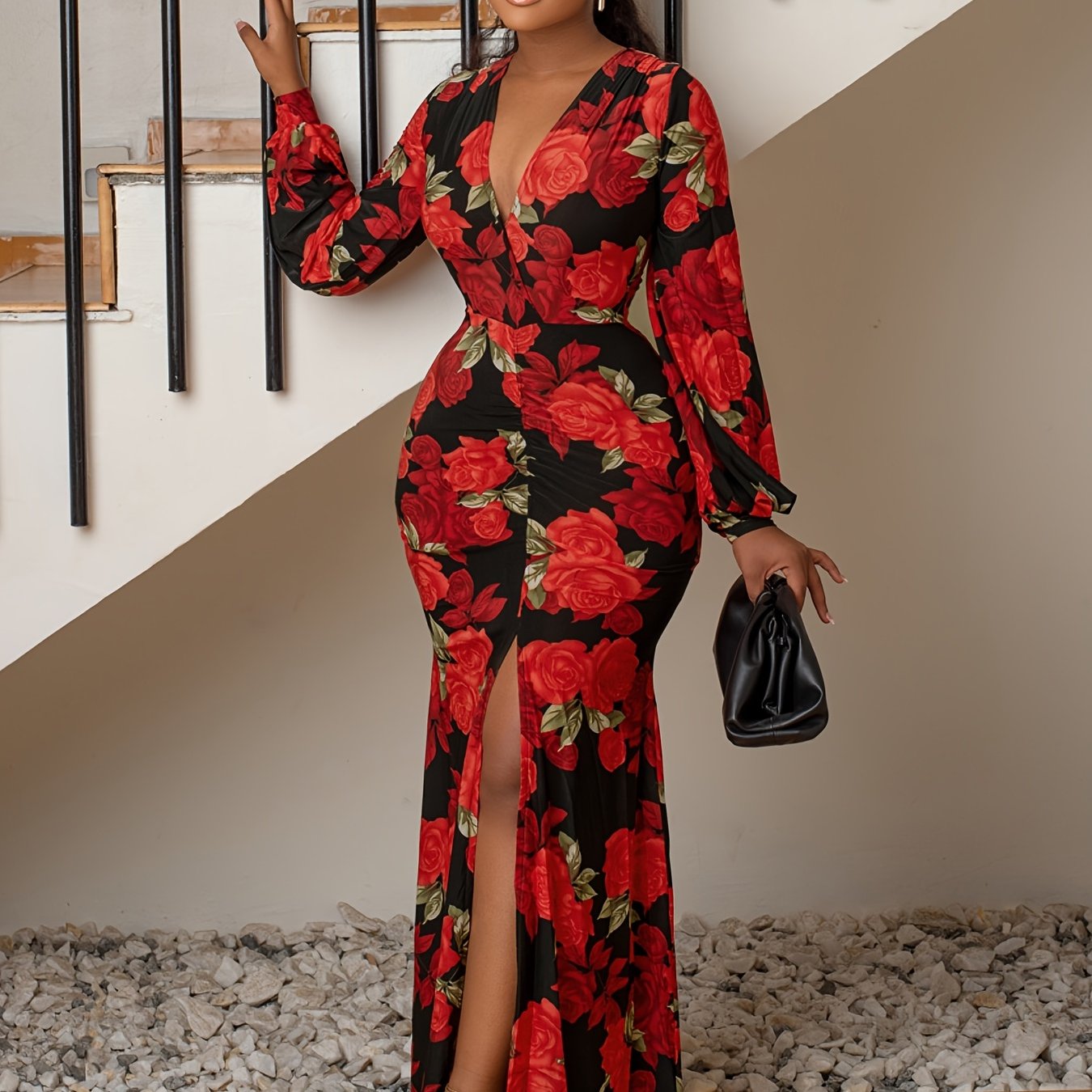 vlovelaw  Vintage Floral Print Split Dress, Elegant V Neck Long Sleeve Dress, Women's Clothing