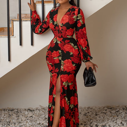 vlovelaw  Vintage Floral Print Split Dress, Elegant V Neck Long Sleeve Dress, Women's Clothing