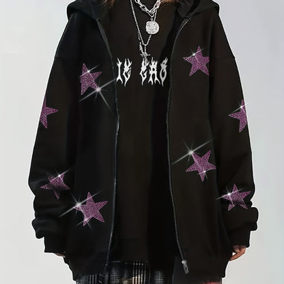 vlovelaw  Star Rhinestone Zip Up Hoodie, Casual Long Sleeve Hoodies Sweatshirt, Women's Clothing