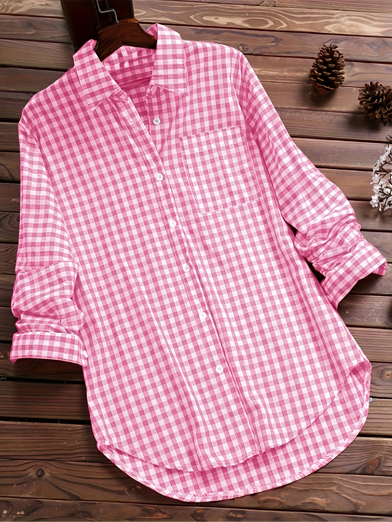 Gingham Print Classic Shirt, Vintage Button Front Long Sleeve Shirt With A Collar, Women's Clothing