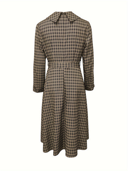 Plaid Print A-line Dress, Vintage Long Sleeve Dress For Spring & Fall, Women's Clothing