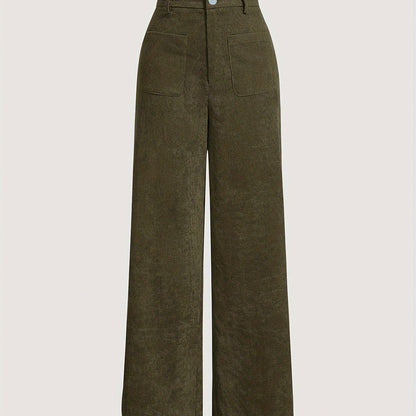 vlovelaw  Solid Corduroy Straight Leg Pants, Vintage Patched Pocket Loose Pants, Women's Clothing