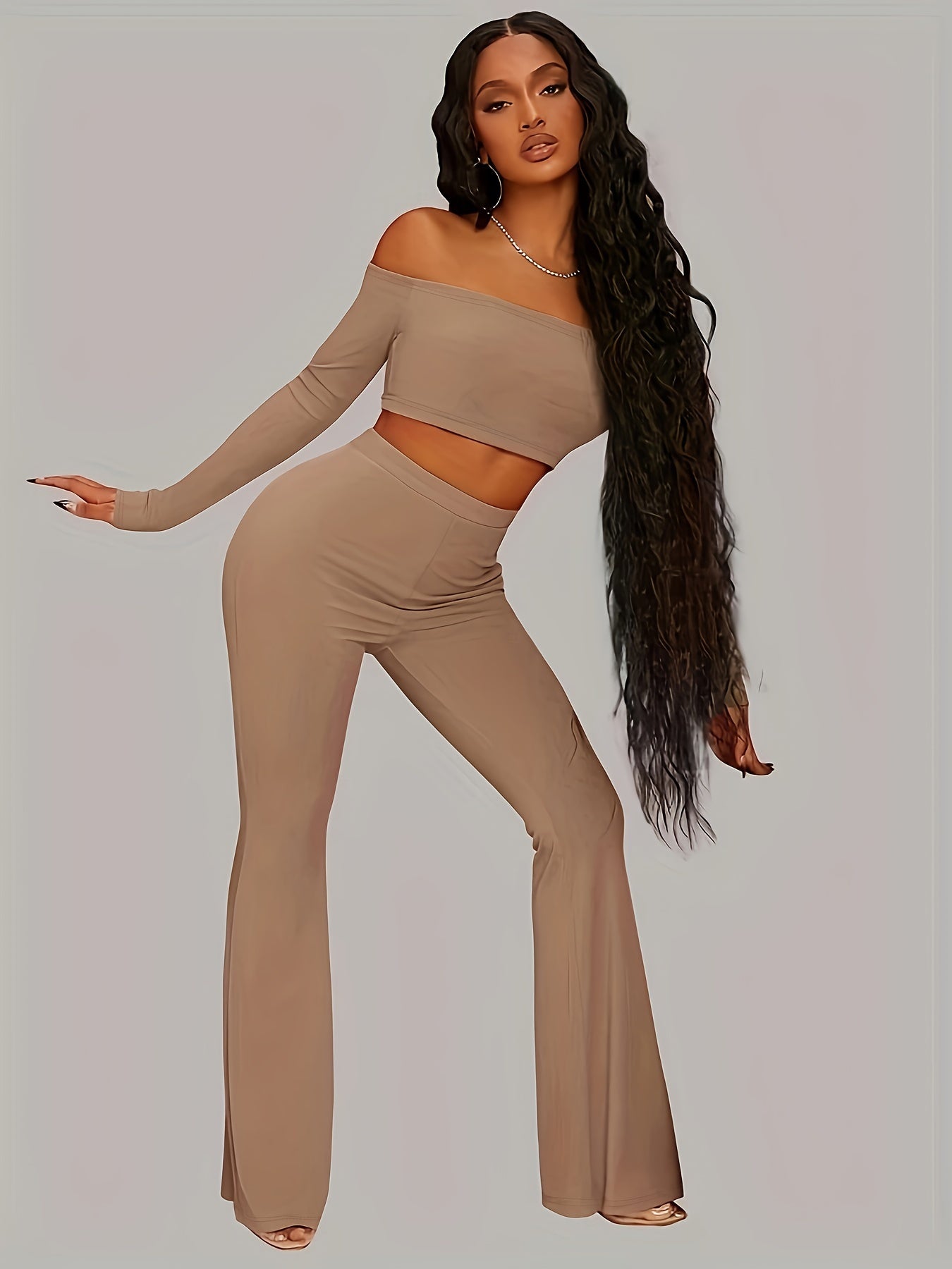 vlovelaw  Solid Casual Two-piece Set, Off Shoulder Long Sleeve Top & Flare Leg Pants Outfits, Women's Clothing
