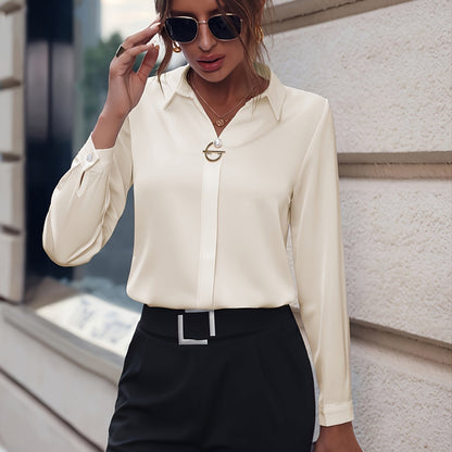 vlovelaw  Solid Lapel Slim Shirt, Elegant Long Sleeve Shirt For Spring & Fall, Women's Clothing