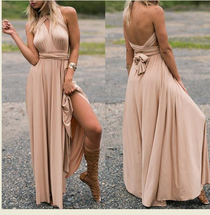VLOVELAW European and American Hot Multiple Wear Multi-Rope Cross Backless Sexy Bandage One-Piece Dress Long Dress