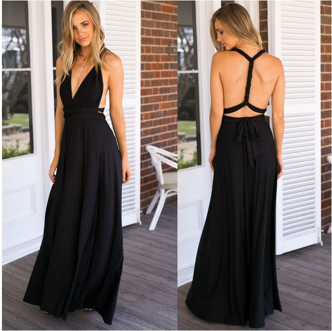 VLOVELAW European and American Hot Multiple Wear Multi-Rope Cross Backless Sexy Bandage One-Piece Dress Long Dress