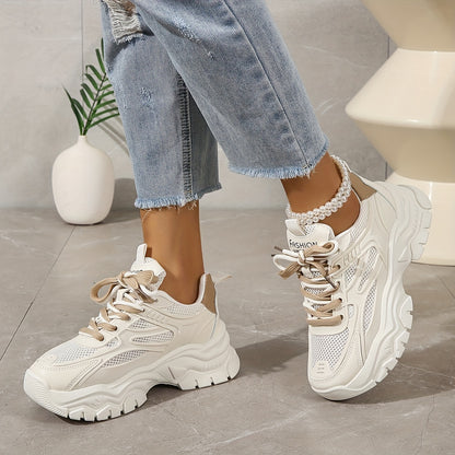 vlovelaw  Women's Mesh Chunky Sneakers, Breathable Trendy Low Top Running Trainers, Casual Lace Up Sports Shoes