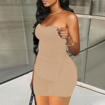 vlovelaw Solid Ribbed Two-piece Set, Slit Hem Sleeveless Tube Top & Flare Leg Pants Outfits, Women's Clothing