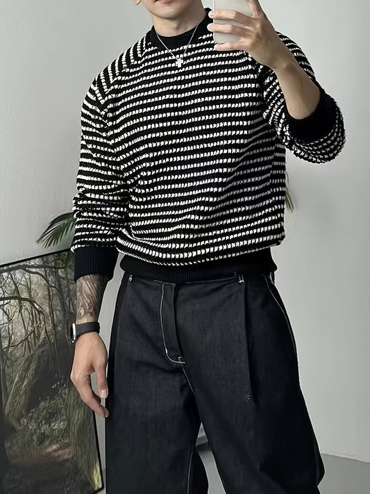 vlovelaw Men's Stylish Stripe Pattern Knitted Pullover, Casual Breathable Long Sleeve Crew Neck Top For City Walk Street Hanging Outdoor Activities
