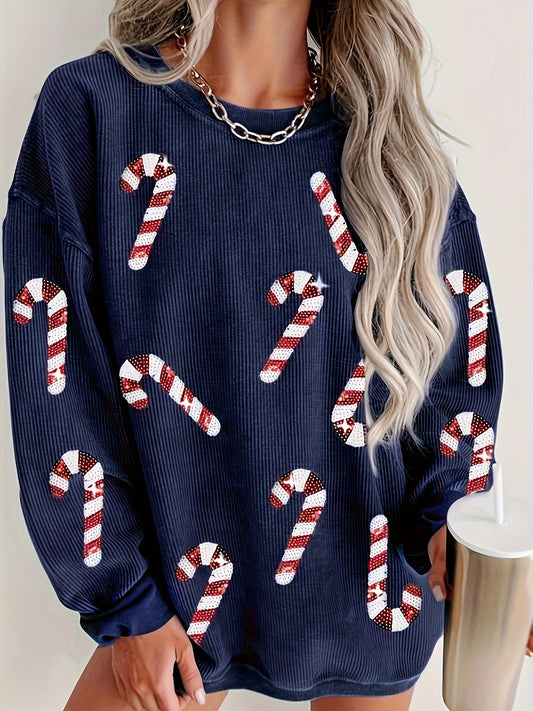 Sparkling Sequin Christmas Crew Neck Sweatshirt for Women - Casual Long Sleeve Pullover, Polyester, Machine Washable