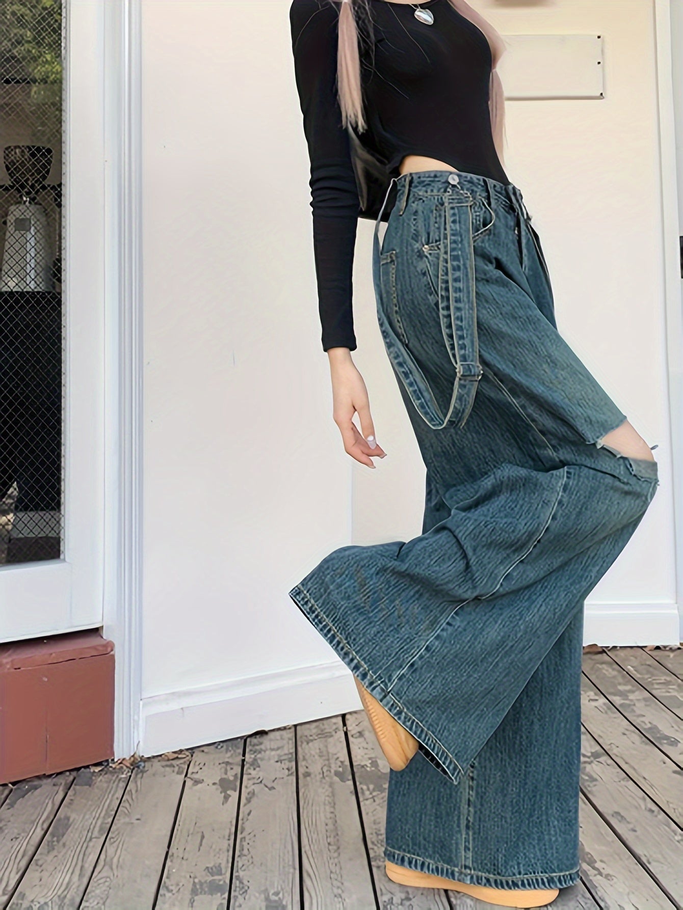 vlovelaw  Ripped Vintage Washed Wide Leg Denim Jeans, Loose Fit Adjustable Strap Comfy Denim Overalls, Women's Denim Jeans & Clothing