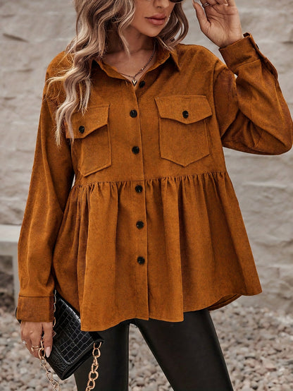 Flap Pockets Ruffle Trim Jacket, Vintage Solid Long Sleeve Outwear For Fall & Winter, Women's Clothing