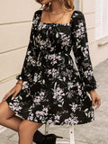 Floral Print Drawstring Square Neck Dress, Casual Long Sleeve Dress For Spring & Summer, Women's Clothing