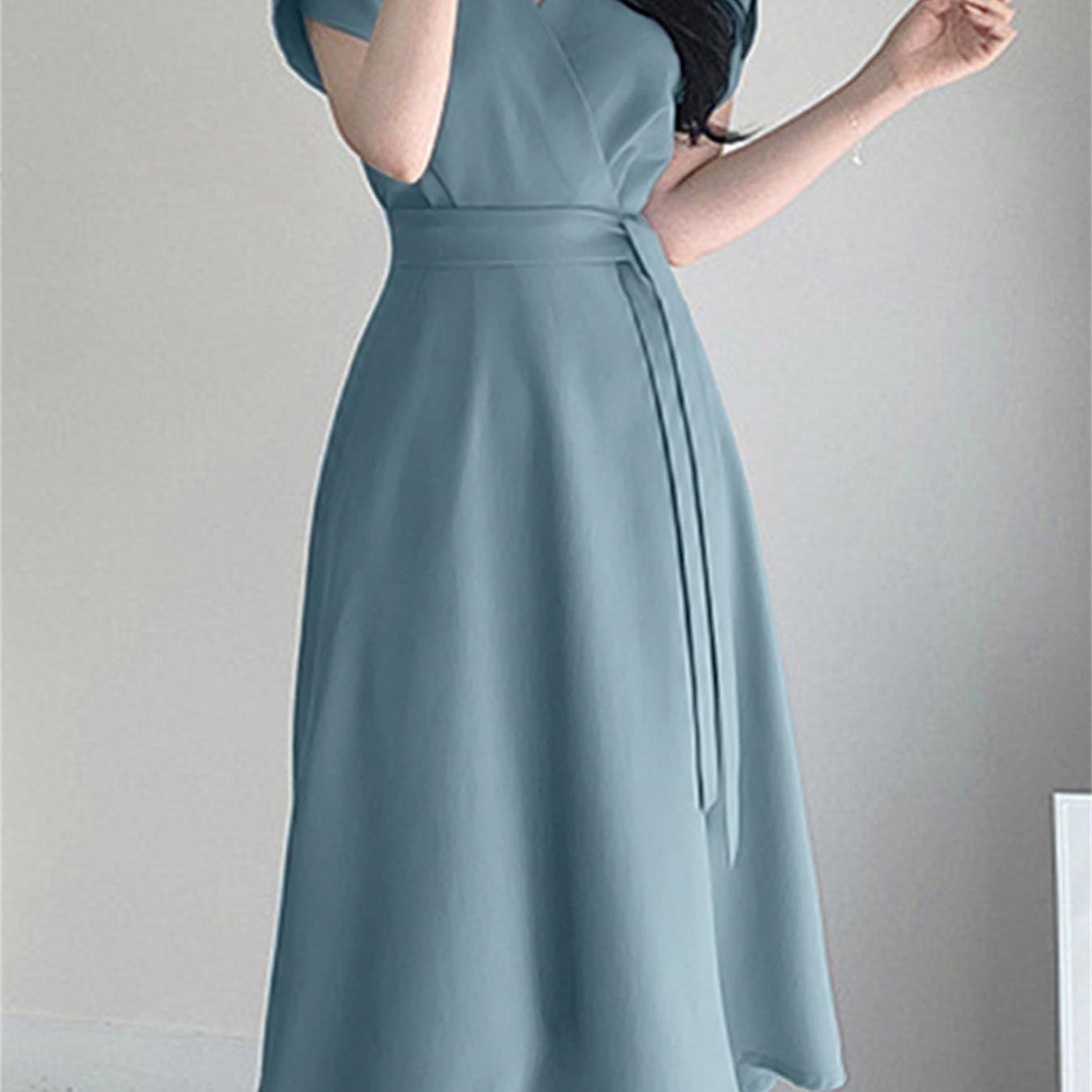 Belted Surplice Neck Solid Dress, Elegant Short Sleeve A-line Dress, Women's Clothing
