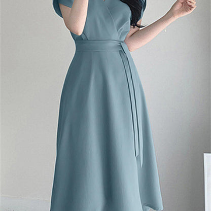 Belted Surplice Neck Solid Dress, Elegant Short Sleeve A-line Dress, Women's Clothing