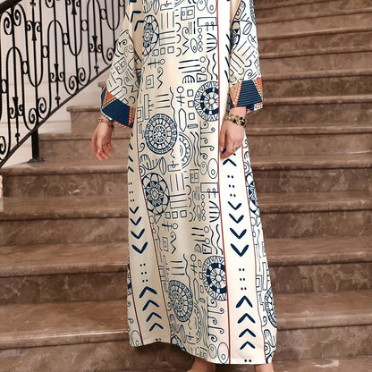 Graphic Print Notched Neck Abayas, Vintage Long Sleeve Maxi Length Dress, Women's Clothing