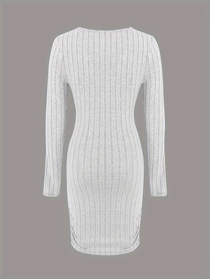 Plunging Ruched Solid Dress, Elegant Long Sleeve Bodycon Dress, Women's Clothing