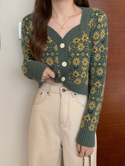 vlovelaw  Floral Pattern Button Down Knit Cardigan, Cute Long Sleeve Crop Sweater, Women's Clothing