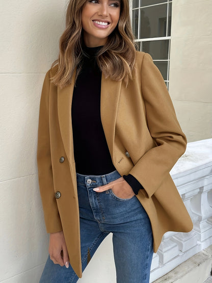 Double Breasted Lapel Blazer, Casual Solid Long Sleeve Outerwear, Women's Clothing