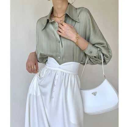 Women's Blouses Shirts Satin Silk Blouse Women  Elegant Lapel Button Up Shirt Long Sleeve Fashion Pleats Tunic Tops Casual Party Blusa Mujer T230508