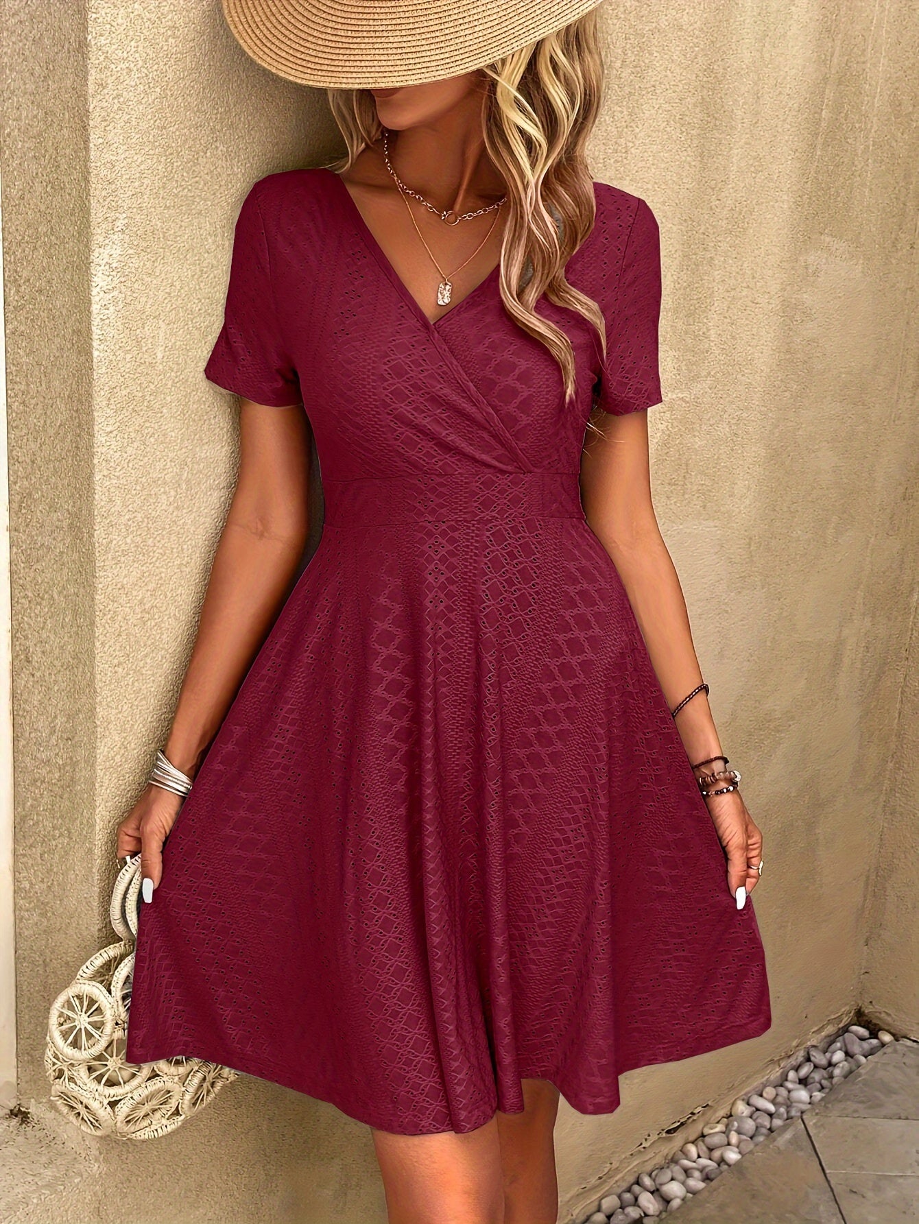 vlovelaw  Solid Eyelet V Neck Dress, Casual Short Sleeve Flare Dress For Spring & Summer, Women's Clothing