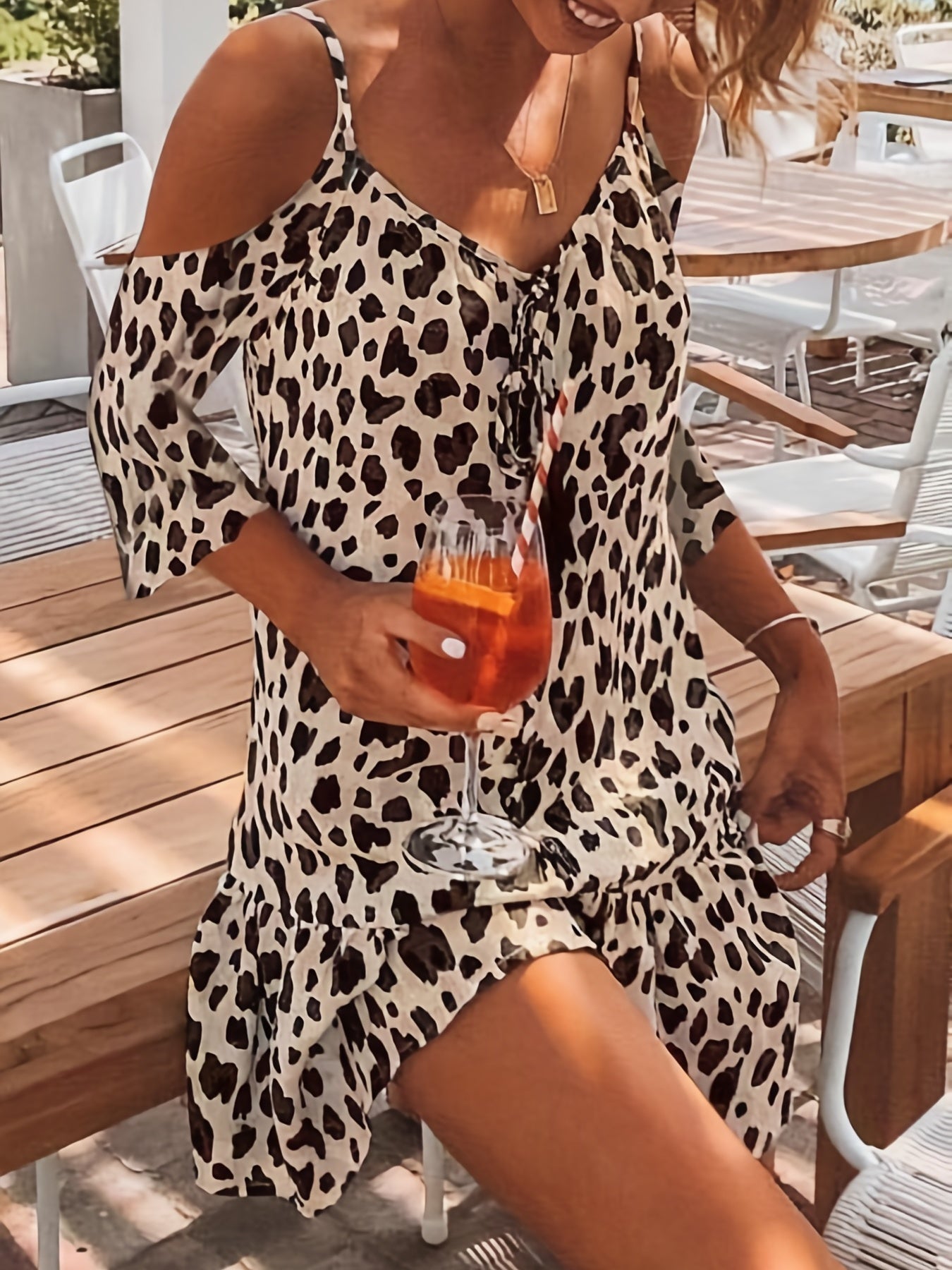 Leopard Print Cami Dress, Sexy Drawstring V Neck Ruffle Trim Dress, Women's Clothing