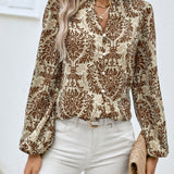 Ethnic Floral Print Blouse, Boho V Neck Long Sleeve Blouse, Women's Clothing