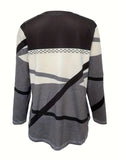 vlovelaw  Colorblock Print Crew Neck T-Shirt, Casual Long Sleeve Top For Spring & Fall, Women's Clothing