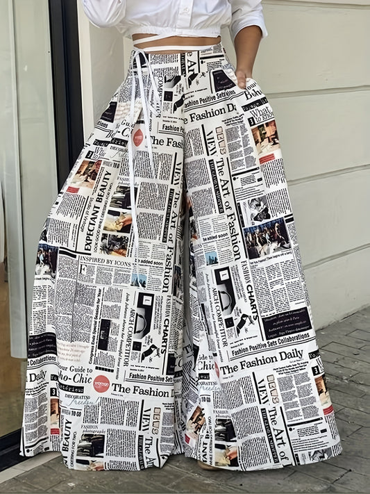 vlovelaw Plus Size Casual Pants, Women's Plus Newspaper Pattern Waist Band High Waist Wide Leg Loose Pants With Pockets