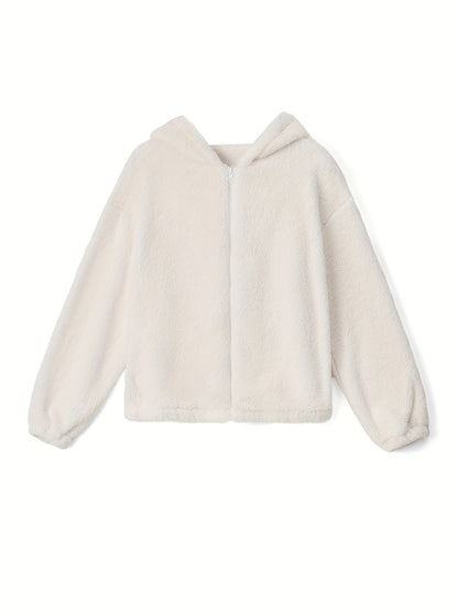 Solid Teddy Hooded Jacket, Casual Zip Up Long Sleeve Outerwear, Women's Clothing