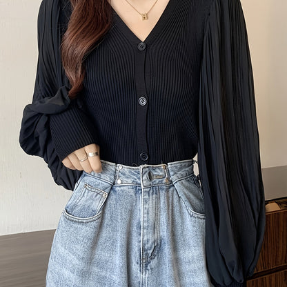 vlovelaw  Solid Color Button Front Top, V Neck Slim Long Sleeve Cardigans Top For Spring & Fall, Women's Clothing