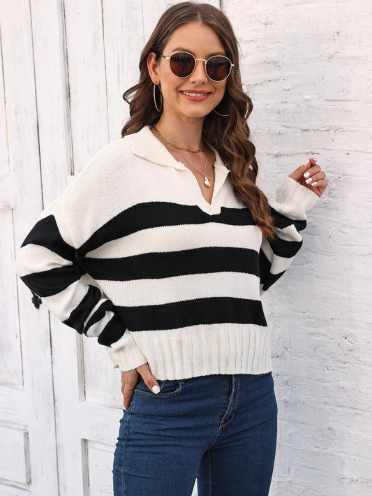vlovelaw  Striped V Neck Pullover Sweater, Casual Long Sleeve Drop Shoulder Sweater, Women's Clothing